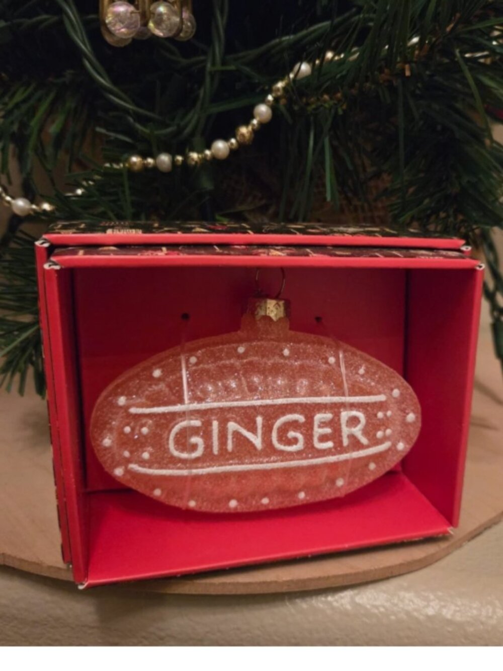 John Derian 2025 Glass Ginger Candy Frosted Christmas Tree Ornament in Box Pink